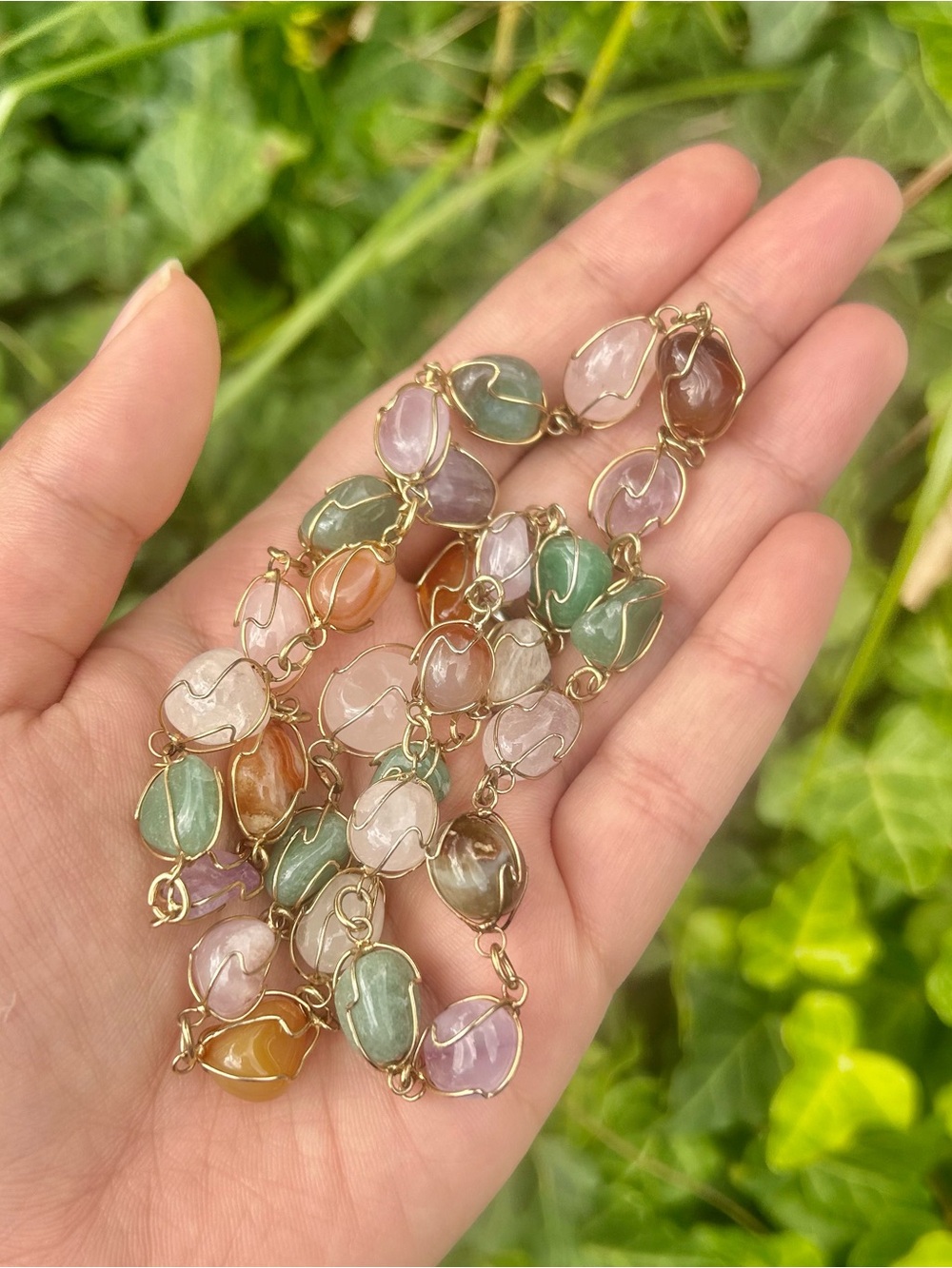 Vintage Multi-Gemstone Wire Wrapped Cage Link Necklace 26” | Natural Stones